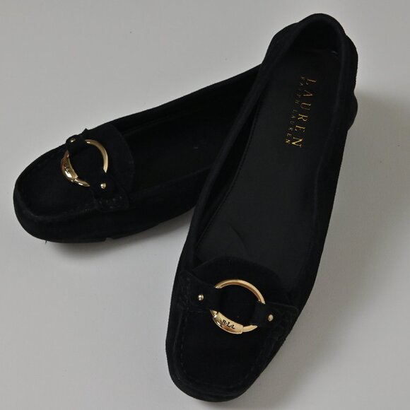 Lauren Ralph Lauren Candace Gold Ring Black Suede Ballet Flats Women's US9.5 UK7 - Picture 2 of 16
